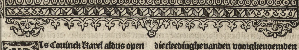 An illustration from Dits die excellente Cronike vā vlaenderē Beghinnende vā Liederick Buc den eersten Forestier tot dē laetstē, die door haer vrome feytē, namaels Grauē vā Vlaendrē ghemaect wordē, achteruolghende die rechte afcomste der voorsz grauē, tot desen onsen doorluchtichstē hoochghborē Keyser Karolo altijt v'meerder des rijcx geborē te Ghendt, etc, 1531, leaf 624