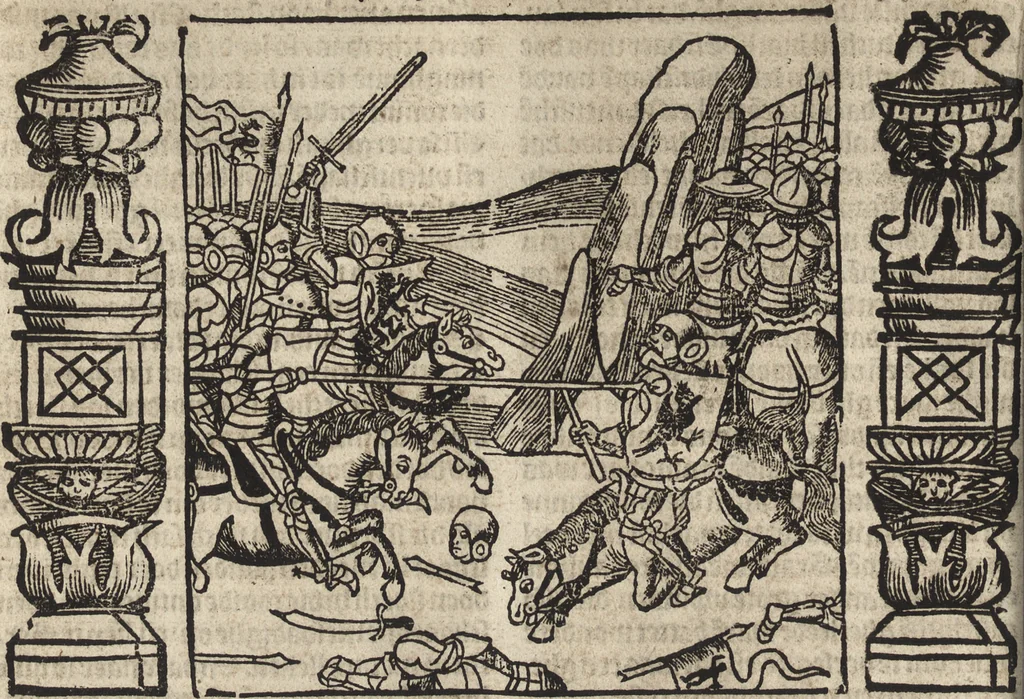 An illustration from Dits die excellente Cronike vā vlaenderē Beghinnende vā Liederick Buc den eersten Forestier tot dē laetstē, die door haer vrome feytē, namaels Grauē vā Vlaendrē ghemaect wordē, achteruolghende die rechte afcomste der voorsz grauē, tot desen onsen doorluchtichstē hoochghborē Keyser Karolo altijt v'meerder des rijcx geborē te Ghendt, etc, 1531, leaf 627