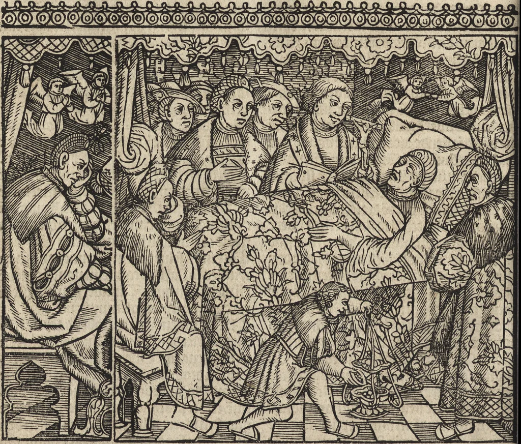 An illustration from Dits die excellente Cronike vā vlaenderē Beghinnende vā Liederick Buc den eersten Forestier tot dē laetstē, die door haer vrome feytē, namaels Grauē vā Vlaendrē ghemaect wordē, achteruolghende die rechte afcomste der voorsz grauē, tot desen onsen doorluchtichstē hoochghborē Keyser Karolo altijt v'meerder des rijcx geborē te Ghendt, etc, 1531, leaf 629
