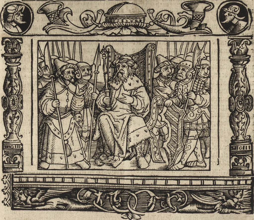 An illustration from Dits die excellente Cronike vā vlaenderē Beghinnende vā Liederick Buc den eersten Forestier tot dē laetstē, die door haer vrome feytē, namaels Grauē vā Vlaendrē ghemaect wordē, achteruolghende die rechte afcomste der voorsz grauē, tot desen onsen doorluchtichstē hoochghborē Keyser Karolo altijt v'meerder des rijcx geborē te Ghendt, etc, 1531, leaf 635
