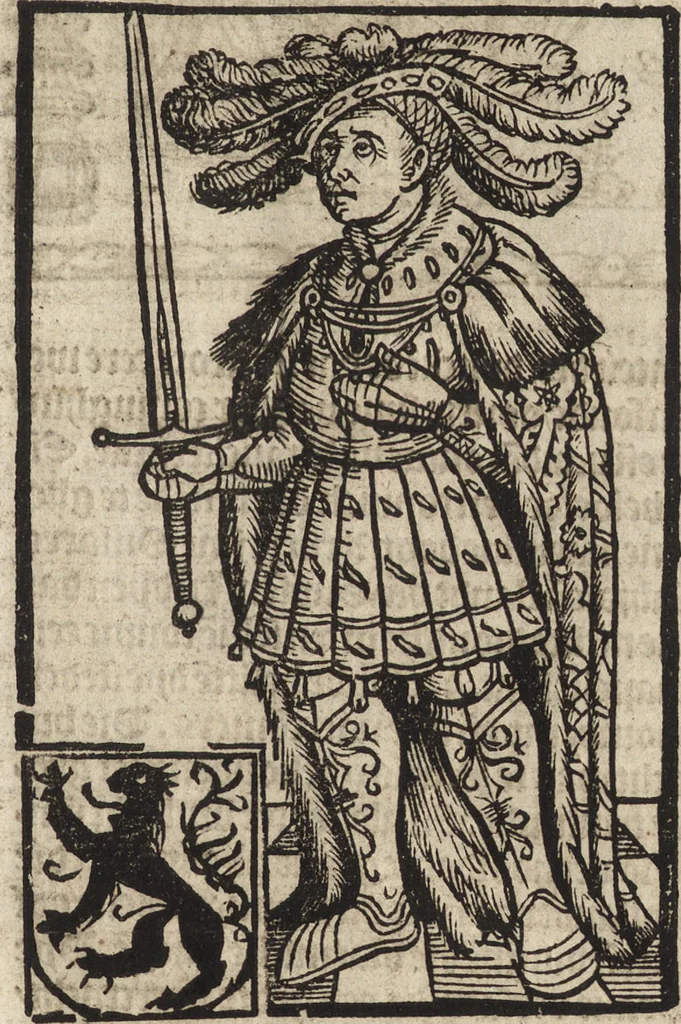 An illustration from Dits die excellente Cronike vā vlaenderē Beghinnende vā Liederick Buc den eersten Forestier tot dē laetstē, die door haer vrome feytē, namaels Grauē vā Vlaendrē ghemaect wordē, achteruolghende die rechte afcomste der voorsz grauē, tot desen onsen doorluchtichstē hoochghborē Keyser Karolo altijt v'meerder des rijcx geborē te Ghendt, etc, 1531, leaf 64