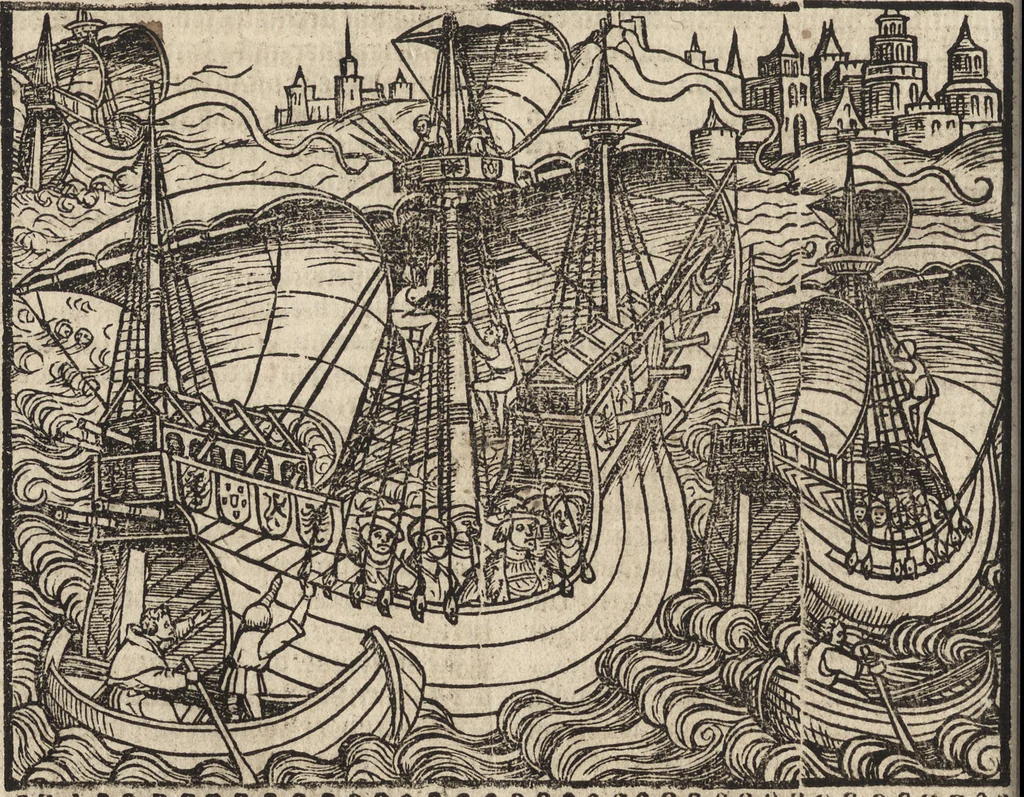 An illustration from Dits die excellente Cronike vā vlaenderē Beghinnende vā Liederick Buc den eersten Forestier tot dē laetstē, die door haer vrome feytē, namaels Grauē vā Vlaendrē ghemaect wordē, achteruolghende die rechte afcomste der voorsz grauē, tot desen onsen doorluchtichstē hoochghborē Keyser Karolo altijt v'meerder des rijcx geborē te Ghendt, etc, 1531, leaf 641