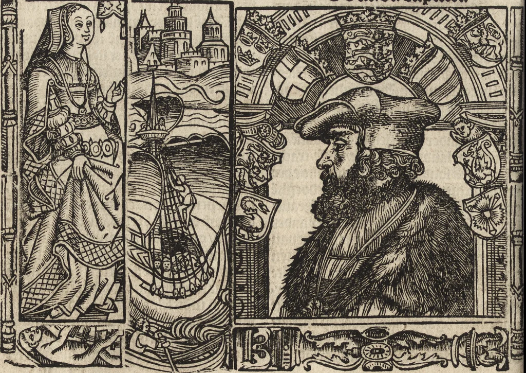 An illustration from Dits die excellente Cronike vā vlaenderē Beghinnende vā Liederick Buc den eersten Forestier tot dē laetstē, die door haer vrome feytē, namaels Grauē vā Vlaendrē ghemaect wordē, achteruolghende die rechte afcomste der voorsz grauē, tot desen onsen doorluchtichstē hoochghborē Keyser Karolo altijt v'meerder des rijcx geborē te Ghendt, etc, 1531, leaf 643