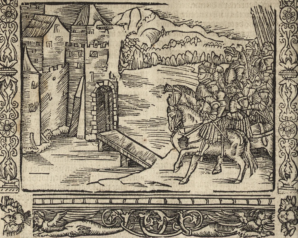 An illustration from Dits die excellente Cronike vā vlaenderē Beghinnende vā Liederick Buc den eersten Forestier tot dē laetstē, die door haer vrome feytē, namaels Grauē vā Vlaendrē ghemaect wordē, achteruolghende die rechte afcomste der voorsz grauē, tot desen onsen doorluchtichstē hoochghborē Keyser Karolo altijt v'meerder des rijcx geborē te Ghendt, etc, 1531, leaf 645