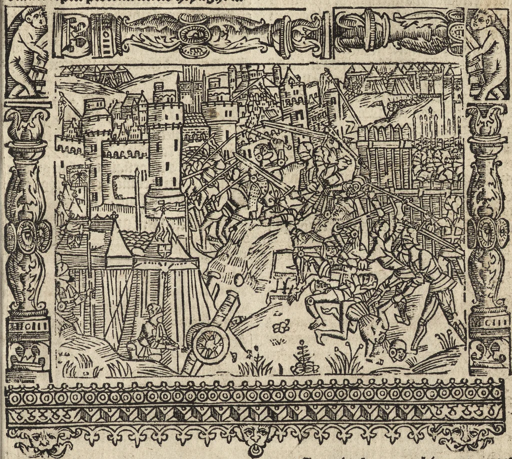 An illustration from Dits die excellente Cronike vā vlaenderē Beghinnende vā Liederick Buc den eersten Forestier tot dē laetstē, die door haer vrome feytē, namaels Grauē vā Vlaendrē ghemaect wordē, achteruolghende die rechte afcomste der voorsz grauē, tot desen onsen doorluchtichstē hoochghborē Keyser Karolo altijt v'meerder des rijcx geborē te Ghendt, etc, 1531, leaf 646