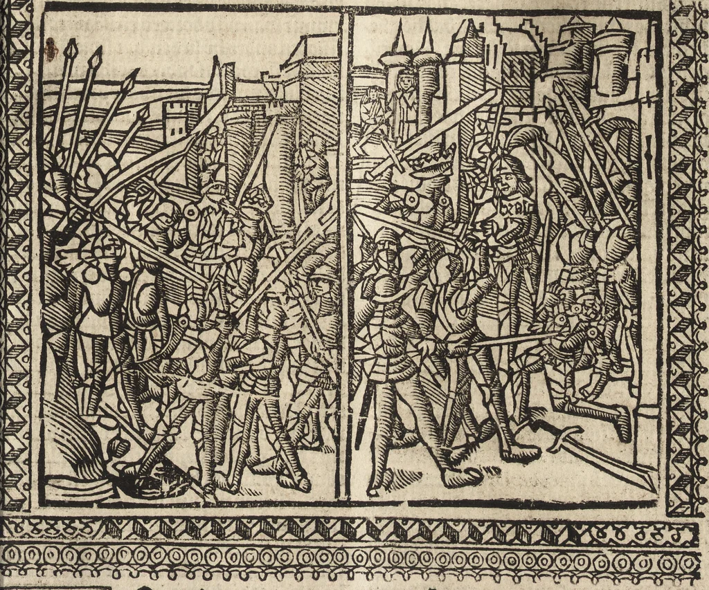 An illustration from Dits die excellente Cronike vā vlaenderē Beghinnende vā Liederick Buc den eersten Forestier tot dē laetstē, die door haer vrome feytē, namaels Grauē vā Vlaendrē ghemaect wordē, achteruolghende die rechte afcomste der voorsz grauē, tot desen onsen doorluchtichstē hoochghborē Keyser Karolo altijt v'meerder des rijcx geborē te Ghendt, etc, 1531, leaf 650