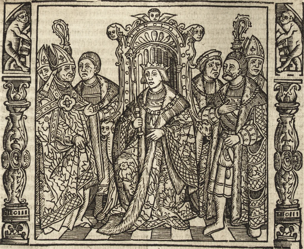 An illustration from Dits die excellente Cronike vā vlaenderē Beghinnende vā Liederick Buc den eersten Forestier tot dē laetstē, die door haer vrome feytē, namaels Grauē vā Vlaendrē ghemaect wordē, achteruolghende die rechte afcomste der voorsz grauē, tot desen onsen doorluchtichstē hoochghborē Keyser Karolo altijt v'meerder des rijcx geborē te Ghendt, etc, 1531, leaf 682