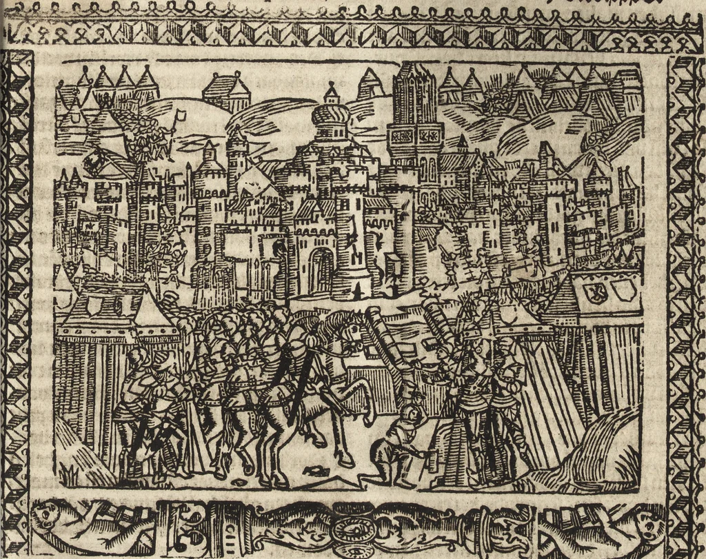 An illustration from Dits die excellente Cronike vā vlaenderē Beghinnende vā Liederick Buc den eersten Forestier tot dē laetstē, die door haer vrome feytē, namaels Grauē vā Vlaendrē ghemaect wordē, achteruolghende die rechte afcomste der voorsz grauē, tot desen onsen doorluchtichstē hoochghborē Keyser Karolo altijt v'meerder des rijcx geborē te Ghendt, etc, 1531, leaf 684