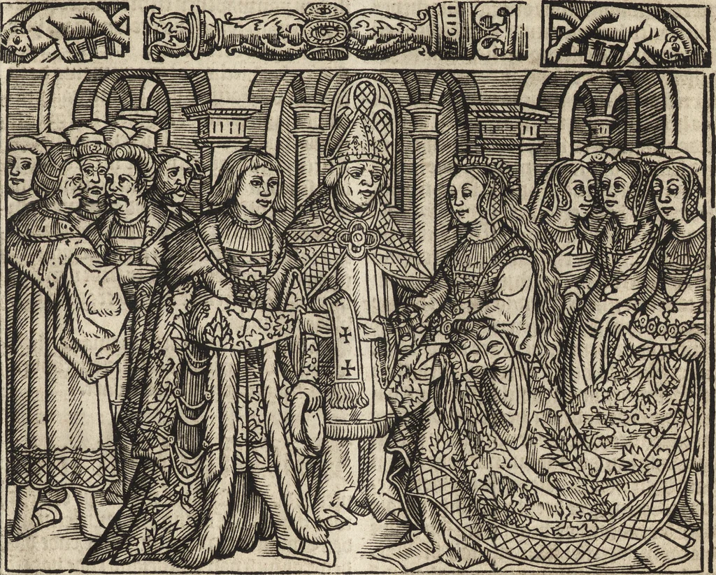 An illustration from Dits die excellente Cronike vā vlaenderē Beghinnende vā Liederick Buc den eersten Forestier tot dē laetstē, die door haer vrome feytē, namaels Grauē vā Vlaendrē ghemaect wordē, achteruolghende die rechte afcomste der voorsz grauē, tot desen onsen doorluchtichstē hoochghborē Keyser Karolo altijt v'meerder des rijcx geborē te Ghendt, etc, 1531, leaf 688