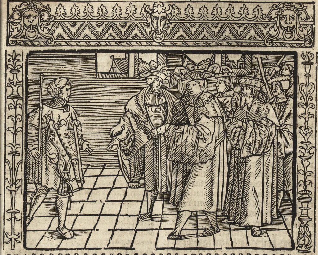 An illustration from Dits die excellente Cronike vā vlaenderē Beghinnende vā Liederick Buc den eersten Forestier tot dē laetstē, die door haer vrome feytē, namaels Grauē vā Vlaendrē ghemaect wordē, achteruolghende die rechte afcomste der voorsz grauē, tot desen onsen doorluchtichstē hoochghborē Keyser Karolo altijt v'meerder des rijcx geborē te Ghendt, etc, 1531, leaf 690