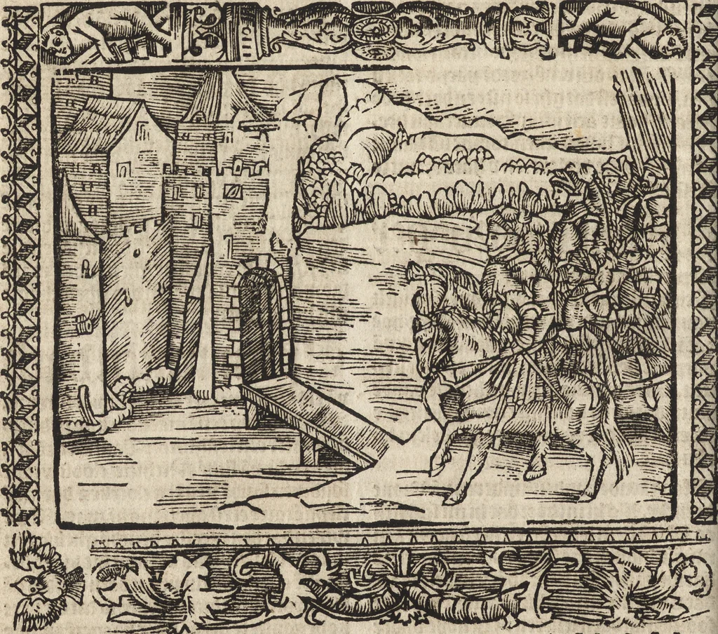 An illustration from Dits die excellente Cronike vā vlaenderē Beghinnende vā Liederick Buc den eersten Forestier tot dē laetstē, die door haer vrome feytē, namaels Grauē vā Vlaendrē ghemaect wordē, achteruolghende die rechte afcomste der voorsz grauē, tot desen onsen doorluchtichstē hoochghborē Keyser Karolo altijt v'meerder des rijcx geborē te Ghendt, etc, 1531, leaf 693
