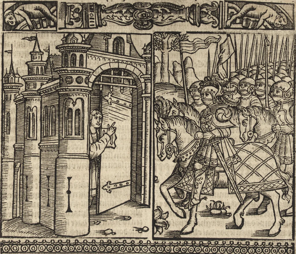 An illustration from Dits die excellente Cronike vā vlaenderē Beghinnende vā Liederick Buc den eersten Forestier tot dē laetstē, die door haer vrome feytē, namaels Grauē vā Vlaendrē ghemaect wordē, achteruolghende die rechte afcomste der voorsz grauē, tot desen onsen doorluchtichstē hoochghborē Keyser Karolo altijt v'meerder des rijcx geborē te Ghendt, etc, 1531, leaf 697