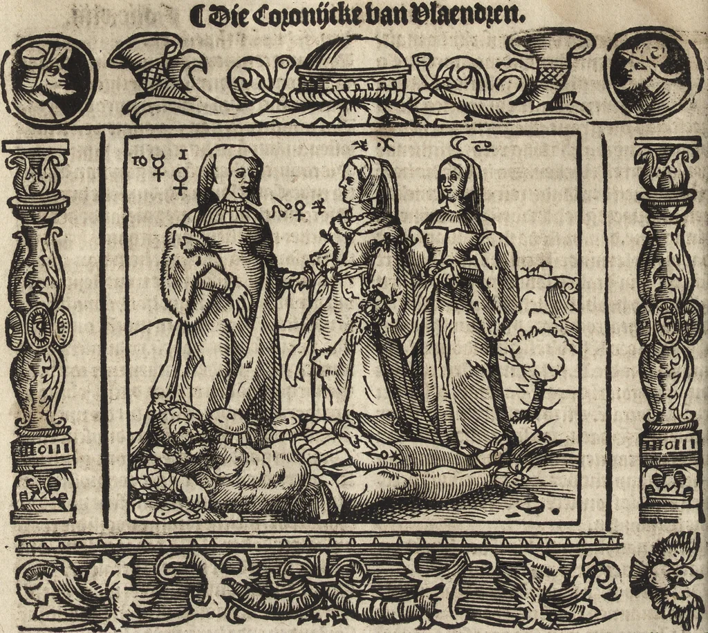 An illustration from Dits die excellente Cronike vā vlaenderē Beghinnende vā Liederick Buc den eersten Forestier tot dē laetstē, die door haer vrome feytē, namaels Grauē vā Vlaendrē ghemaect wordē, achteruolghende die rechte afcomste der voorsz grauē, tot desen onsen doorluchtichstē hoochghborē Keyser Karolo altijt v'meerder des rijcx geborē te Ghendt, etc, 1531, leaf 703