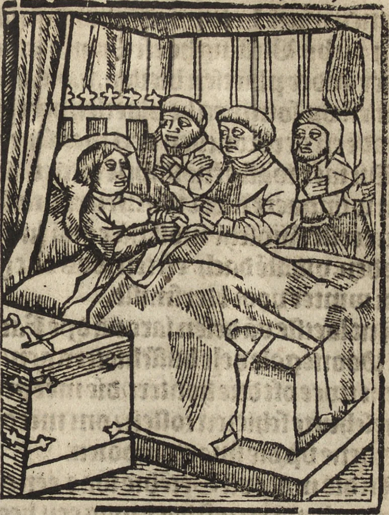 An illustration from Dits die excellente Cronike vā vlaenderē Beghinnende vā Liederick Buc den eersten Forestier tot dē laetstē, die door haer vrome feytē, namaels Grauē vā Vlaendrē ghemaect wordē, achteruolghende die rechte afcomste der voorsz grauē, tot desen onsen doorluchtichstē hoochghborē Keyser Karolo altijt v'meerder des rijcx geborē te Ghendt, etc, 1531, leaf 710