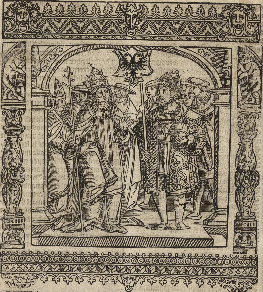 An illustration from Dits die excellente Cronike vā vlaenderē Beghinnende vā Liederick Buc den eersten Forestier tot dē laetstē, die door haer vrome feytē, namaels Grauē vā Vlaendrē ghemaect wordē, achteruolghende die rechte afcomste der voorsz grauē, tot desen onsen doorluchtichstē hoochghborē Keyser Karolo altijt v'meerder des rijcx geborē te Ghendt, etc, 1531, leaf 721