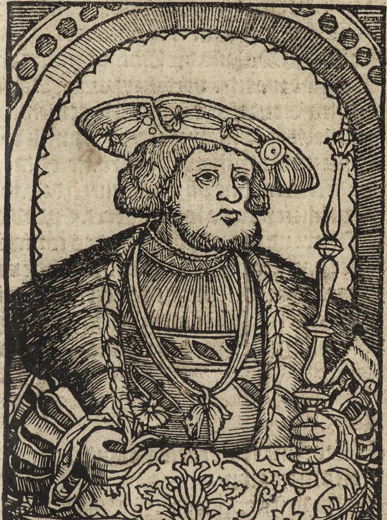 An illustration from Dits die excellente Cronike vā vlaenderē Beghinnende vā Liederick Buc den eersten Forestier tot dē laetstē, die door haer vrome feytē, namaels Grauē vā Vlaendrē ghemaect wordē, achteruolghende die rechte afcomste der voorsz grauē, tot desen onsen doorluchtichstē hoochghborē Keyser Karolo altijt v'meerder des rijcx geborē te Ghendt, etc, 1531, leaf 734