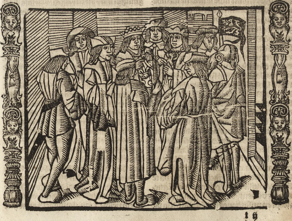 An illustration from Dits die excellente Cronike vā vlaenderē Beghinnende vā Liederick Buc den eersten Forestier tot dē laetstē, die door haer vrome feytē, namaels Grauē vā Vlaendrē ghemaect wordē, achteruolghende die rechte afcomste der voorsz grauē, tot desen onsen doorluchtichstē hoochghborē Keyser Karolo altijt v'meerder des rijcx geborē te Ghendt, etc, 1531, leaf 78
