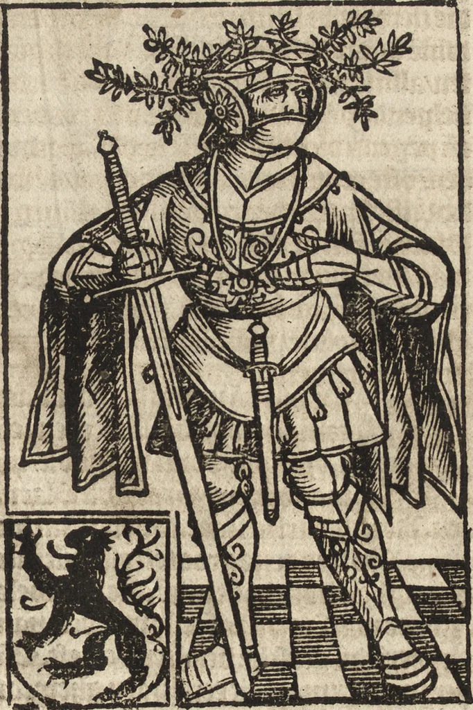 An illustration from Dits die excellente Cronike vā vlaenderē Beghinnende vā Liederick Buc den eersten Forestier tot dē laetstē, die door haer vrome feytē, namaels Grauē vā Vlaendrē ghemaect wordē, achteruolghende die rechte afcomste der voorsz grauē, tot desen onsen doorluchtichstē hoochghborē Keyser Karolo altijt v'meerder des rijcx geborē te Ghendt, etc, 1531, leaf 82