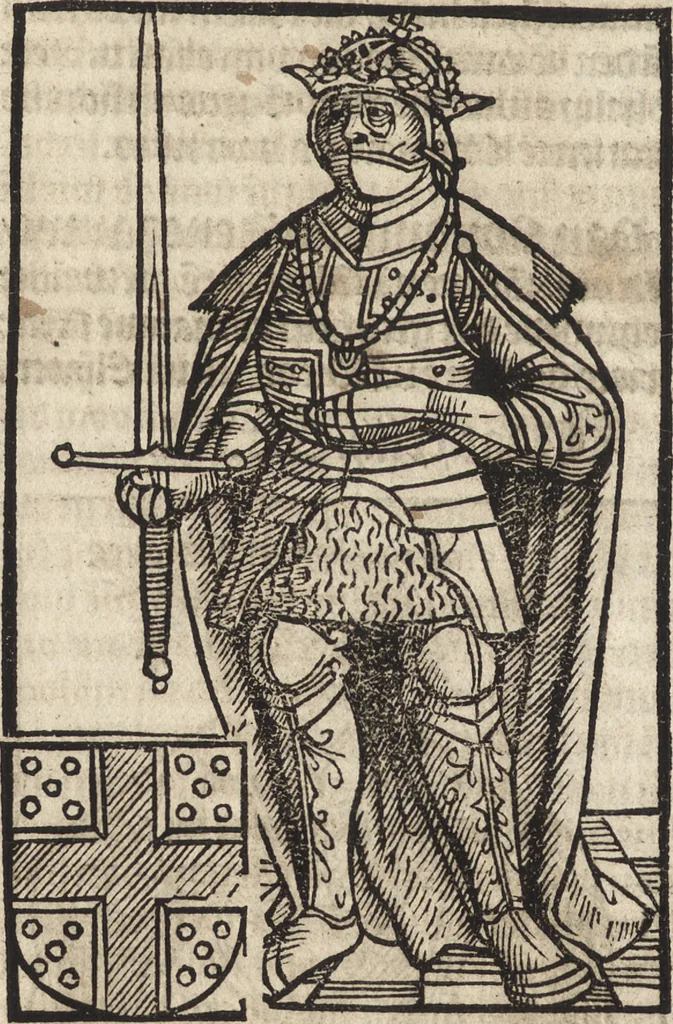 An illustration from Dits die excellente Cronike vā vlaenderē Beghinnende vā Liederick Buc den eersten Forestier tot dē laetstē, die door haer vrome feytē, namaels Grauē vā Vlaendrē ghemaect wordē, achteruolghende die rechte afcomste der voorsz grauē, tot desen onsen doorluchtichstē hoochghborē Keyser Karolo altijt v'meerder des rijcx geborē te Ghendt, etc, 1531, leaf 83