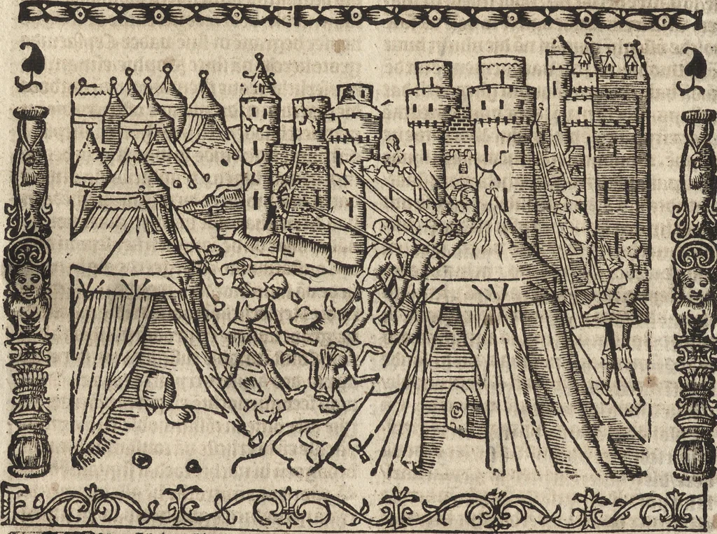 An illustration from Dits die excellente Cronike vā vlaenderē Beghinnende vā Liederick Buc den eersten Forestier tot dē laetstē, die door haer vrome feytē, namaels Grauē vā Vlaendrē ghemaect wordē, achteruolghende die rechte afcomste der voorsz grauē, tot desen onsen doorluchtichstē hoochghborē Keyser Karolo altijt v'meerder des rijcx geborē te Ghendt, etc, 1531, leaf 85