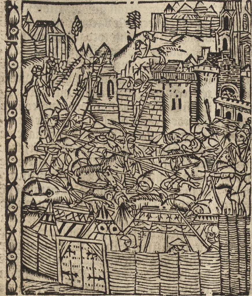 An illustration from Dits die excellente Cronike vā vlaenderē Beghinnende vā Liederick Buc den eersten Forestier tot dē laetstē, die door haer vrome feytē, namaels Grauē vā Vlaendrē ghemaect wordē, achteruolghende die rechte afcomste der voorsz grauē, tot desen onsen doorluchtichstē hoochghborē Keyser Karolo altijt v'meerder des rijcx geborē te Ghendt, etc, 1531, leaf 87