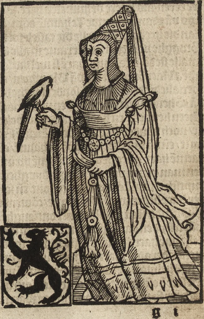 An illustration from Dits die excellente Cronike vā vlaenderē Beghinnende vā Liederick Buc den eersten Forestier tot dē laetstē, die door haer vrome feytē, namaels Grauē vā Vlaendrē ghemaect wordē, achteruolghende die rechte afcomste der voorsz grauē, tot desen onsen doorluchtichstē hoochghborē Keyser Karolo altijt v'meerder des rijcx geborē te Ghendt, etc, 1531, leaf 88