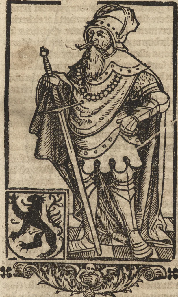 An illustration from Dits die excellente Cronike vā vlaenderē Beghinnende vā Liederick Buc den eersten Forestier tot dē laetstē, die door haer vrome feytē, namaels Grauē vā Vlaendrē ghemaect wordē, achteruolghende die rechte afcomste der voorsz grauē, tot desen onsen doorluchtichstē hoochghborē Keyser Karolo altijt v'meerder des rijcx geborē te Ghendt, etc, 1531, leaf 93