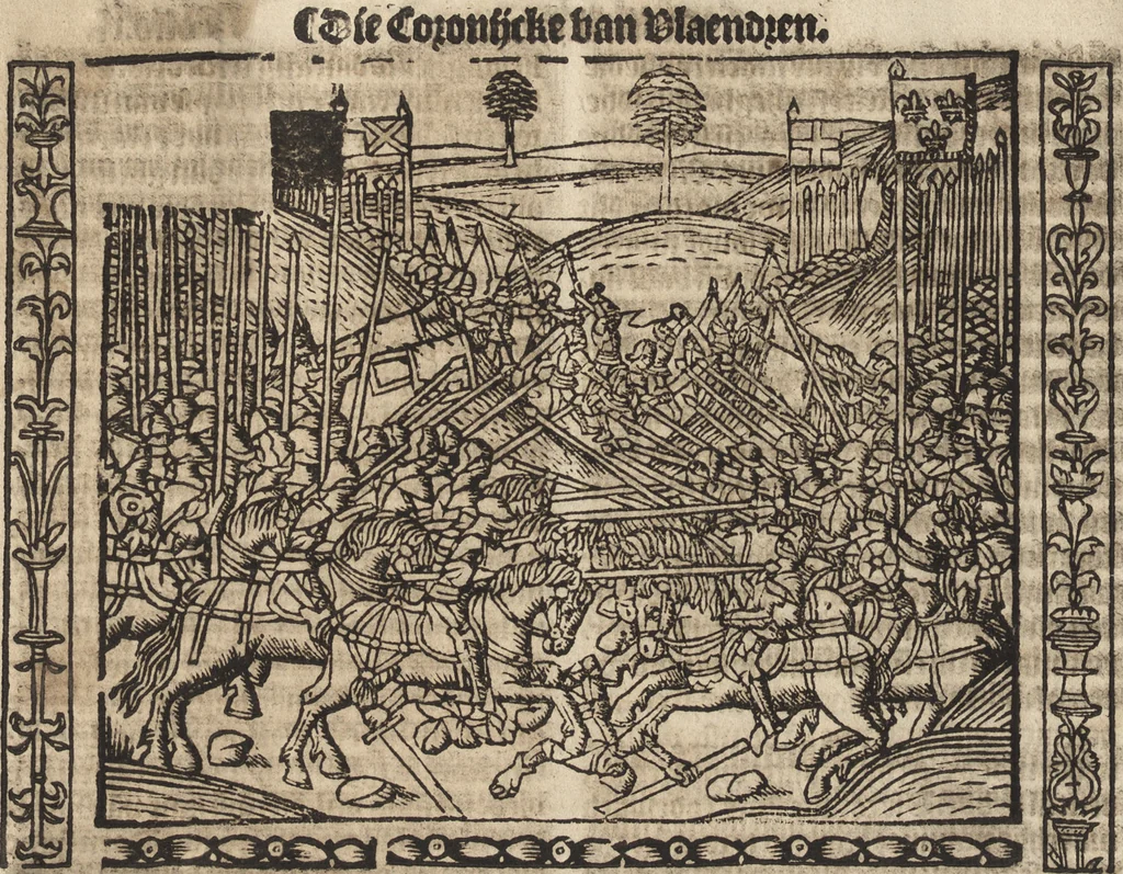 An illustration from Dits die excellente Cronike vā vlaenderē Beghinnende vā Liederick Buc den eersten Forestier tot dē laetstē, die door haer vrome feytē, namaels Grauē vā Vlaendrē ghemaect wordē, achteruolghende die rechte afcomste der voorsz grauē, tot desen onsen doorluchtichstē hoochghborē Keyser Karolo altijt v'meerder des rijcx geborē te Ghendt, etc, 1531, leaf 95
