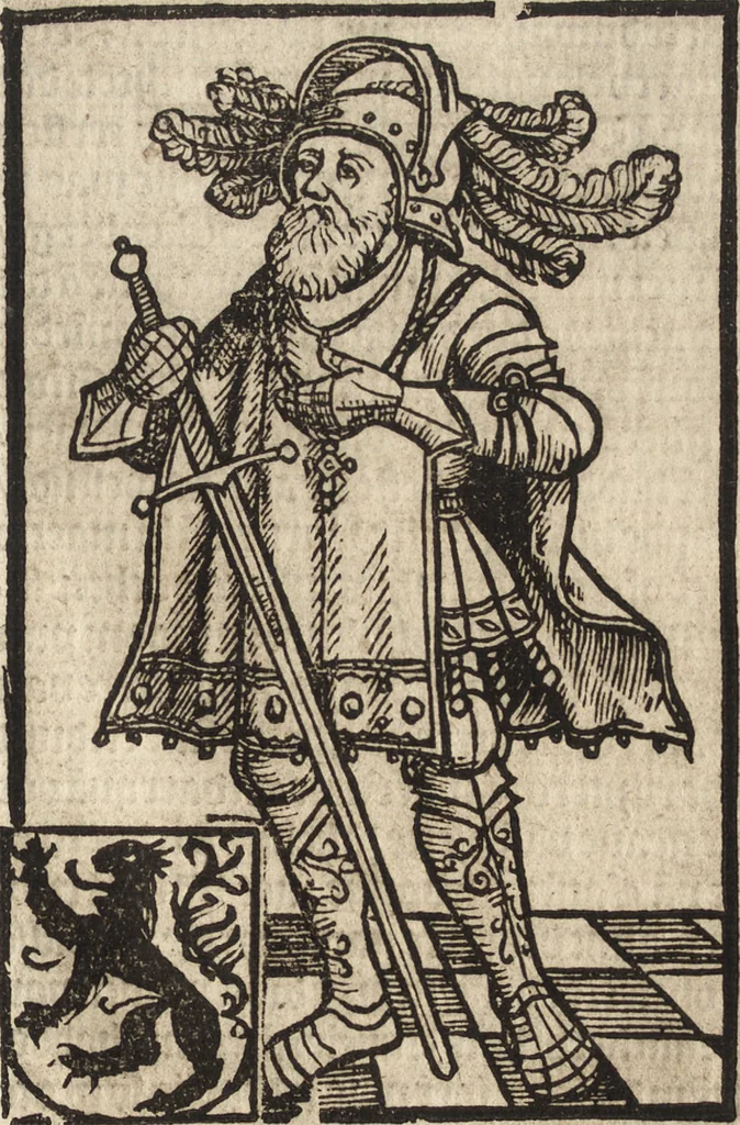 An illustration from Dits die excellente Cronike vā vlaenderē Beghinnende vā Liederick Buc den eersten Forestier tot dē laetstē, die door haer vrome feytē, namaels Grauē vā Vlaendrē ghemaect wordē, achteruolghende die rechte afcomste der voorsz grauē, tot desen onsen doorluchtichstē hoochghborē Keyser Karolo altijt v'meerder des rijcx geborē te Ghendt, etc, 1531, leaf 96