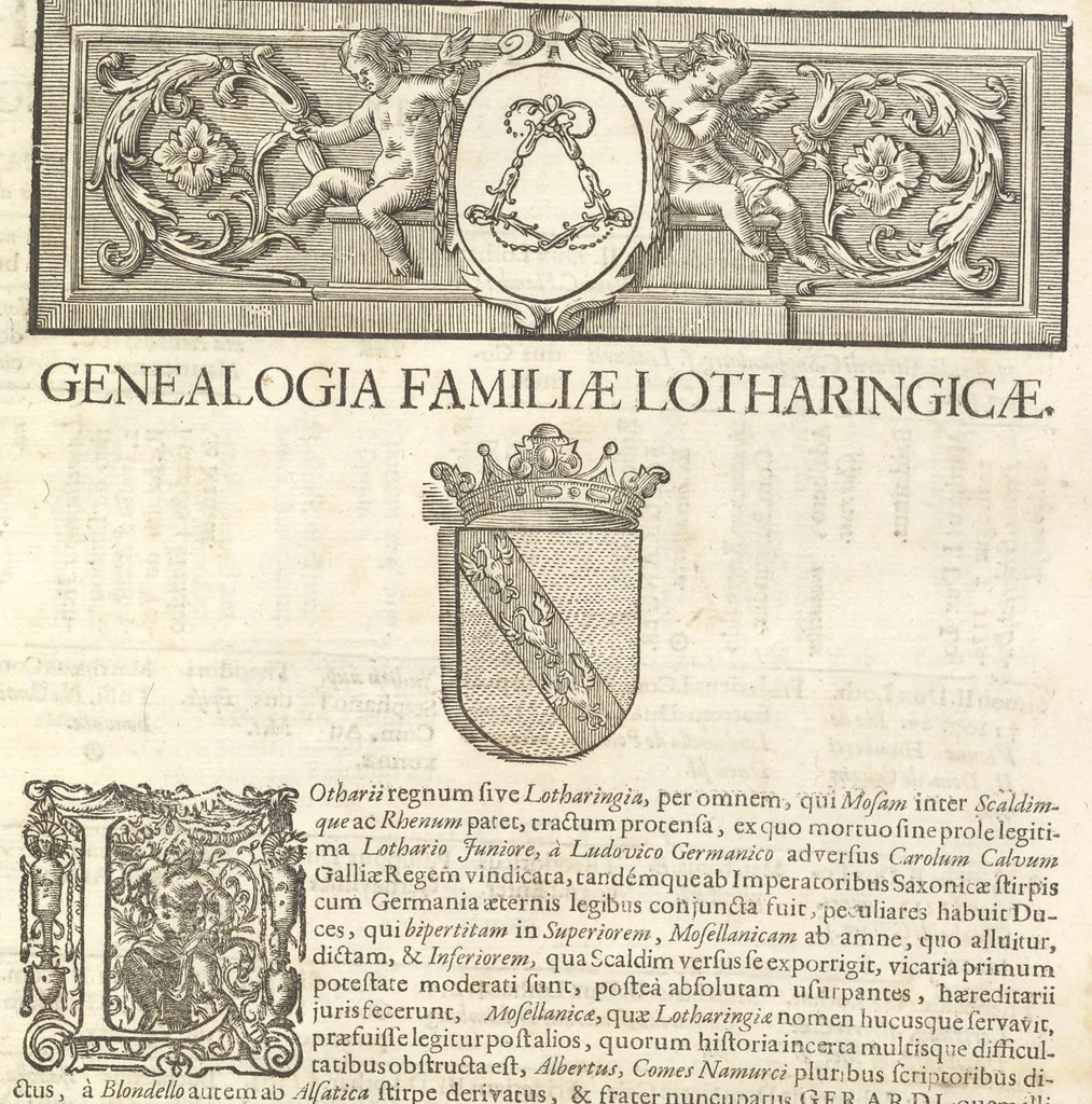 An illustration from Excellentium familiarum in Gallia genealogiae : a prima earundem origine usque ad praesens aevum deductae et notis historicis, quibus memorabilia regni Galliae, regumque et clarorum toga et sago virorum facta moresque ac dignitates recensentur, illustratae, cum iconibus insignium & indicibus necessariis, 1687, leaf 164