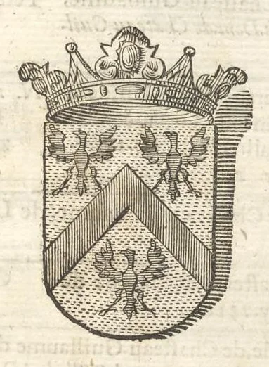 An illustration from Excellentium familiarum in Gallia genealogiae : a prima earundem origine usque ad praesens aevum deductae et notis historicis, quibus memorabilia regni Galliae, regumque et clarorum toga et sago virorum facta moresque ac dignitates recensentur, illustratae, cum iconibus insignium & indicibus necessariis, 1687, leaf 228