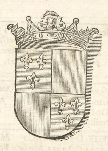 An illustration from Excellentium familiarum in Gallia genealogiae : a prima earundem origine usque ad praesens aevum deductae et notis historicis, quibus memorabilia regni Galliae, regumque et clarorum toga et sago virorum facta moresque ac dignitates recensentur, illustratae, cum iconibus insignium & indicibus necessariis, 1687, leaf 264