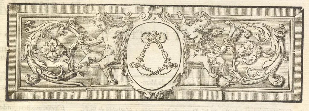 An illustration from Excellentium familiarum in Gallia genealogiae : a prima earundem origine usque ad praesens aevum deductae et notis historicis, quibus memorabilia regni Galliae, regumque et clarorum toga et sago virorum facta moresque ac dignitates recensentur, illustratae, cum iconibus insignium & indicibus necessariis, 1687, leaf 332