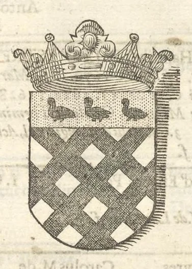 An illustration from Excellentium familiarum in Gallia genealogiae : a prima earundem origine usque ad praesens aevum deductae et notis historicis, quibus memorabilia regni Galliae, regumque et clarorum toga et sago virorum facta moresque ac dignitates recensentur, illustratae, cum iconibus insignium & indicibus necessariis, 1687, leaf 420