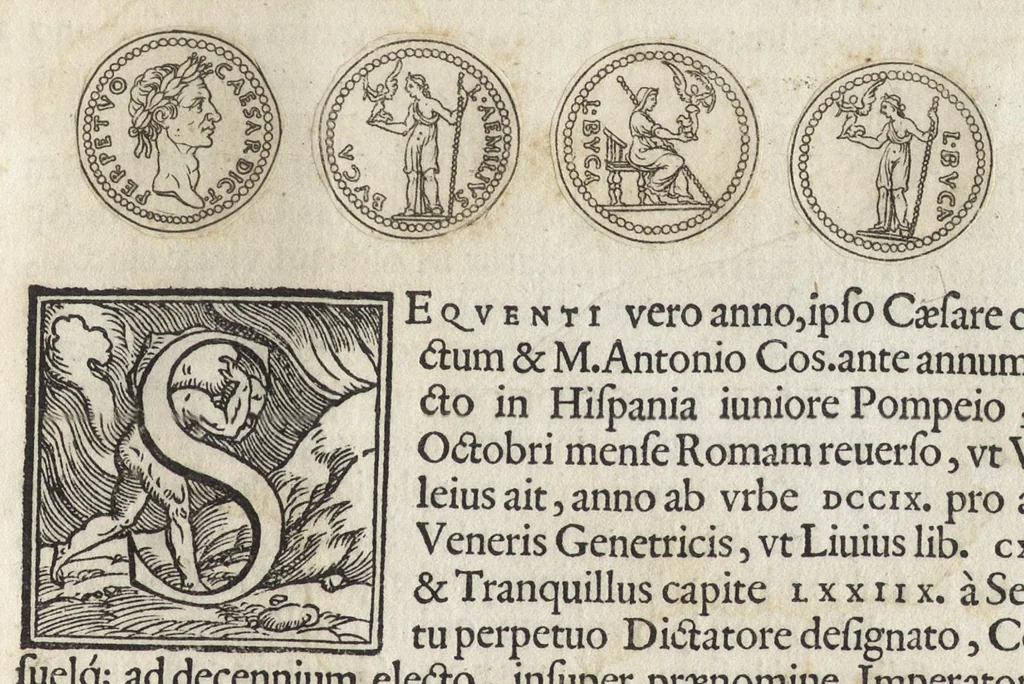 An illustration from Ex libris XXIII commentariorvm in vetera imperatorvm Romanorvm nvmismata Aeneae Vici liber primus, 1560, leaf 102