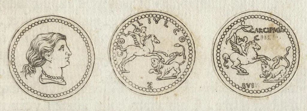 An illustration from Ex libris XXIII commentariorvm in vetera imperatorvm Romanorvm nvmismata Aeneae Vici liber primus, 1560, leaf 116