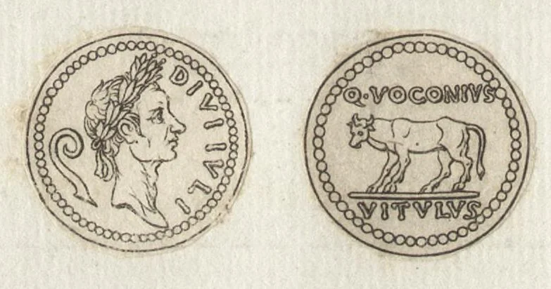 An illustration from Ex libris XXIII commentariorvm in vetera imperatorvm Romanorvm nvmismata Aeneae Vici liber primus, 1560, leaf 121
