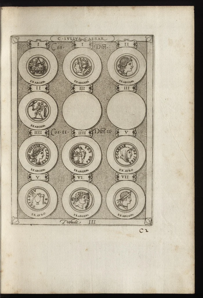 An illustration from Ex libris XXIII commentariorvm in vetera imperatorvm Romanorvm nvmismata Aeneae Vici liber primus, 1560, leaf 22