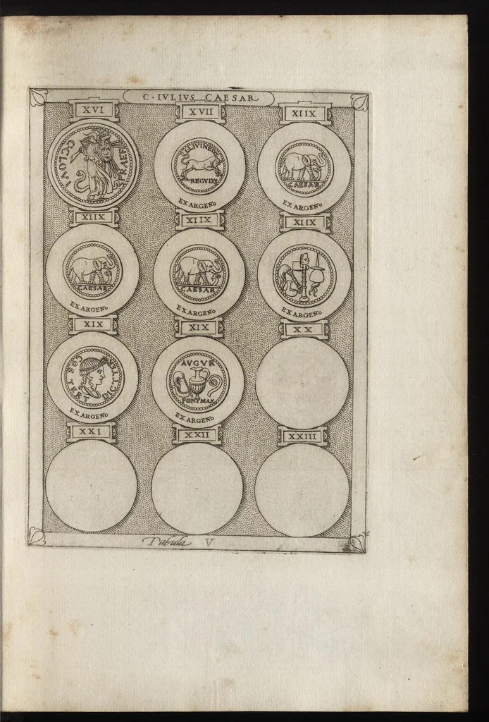 An illustration from Ex libris XXIII commentariorvm in vetera imperatorvm Romanorvm nvmismata Aeneae Vici liber primus, 1560, leaf 24