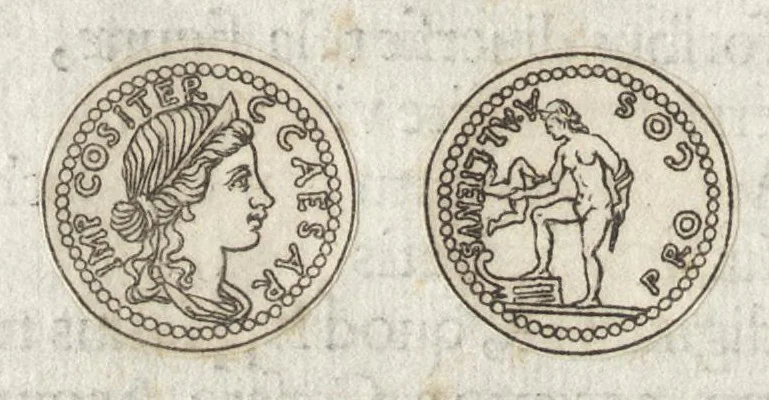 An illustration from Ex libris XXIII commentariorvm in vetera imperatorvm Romanorvm nvmismata Aeneae Vici liber primus, 1560, leaf 43