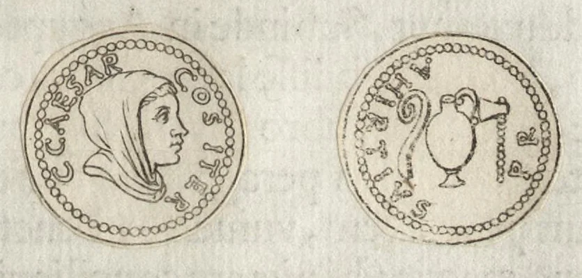 An illustration from Ex libris XXIII commentariorvm in vetera imperatorvm Romanorvm nvmismata Aeneae Vici liber primus, 1560, leaf 48