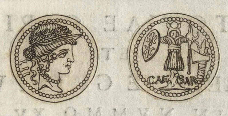 An illustration from Ex libris XXIII commentariorvm in vetera imperatorvm Romanorvm nvmismata Aeneae Vici liber primus, 1560, leaf 60