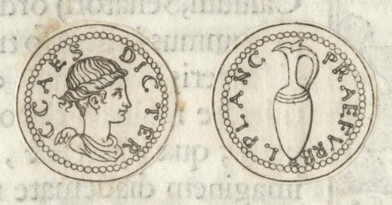 An illustration from Ex libris XXIII commentariorvm in vetera imperatorvm Romanorvm nvmismata Aeneae Vici liber primus, 1560, leaf 61