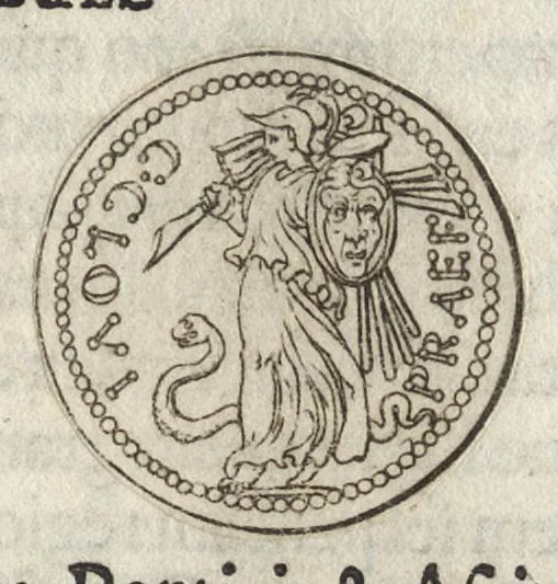An illustration from Ex libris XXIII commentariorvm in vetera imperatorvm Romanorvm nvmismata Aeneae Vici liber primus, 1560, leaf 66