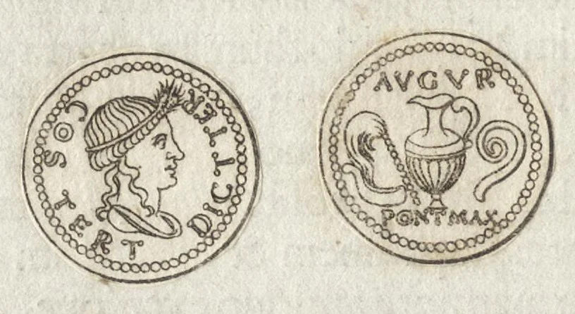 An illustration from Ex libris XXIII commentariorvm in vetera imperatorvm Romanorvm nvmismata Aeneae Vici liber primus, 1560, leaf 83