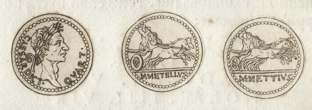 An illustration from Ex libris XXIII commentariorvm in vetera imperatorvm Romanorvm nvmismata Aeneae Vici liber primus, 1560, leaf 97