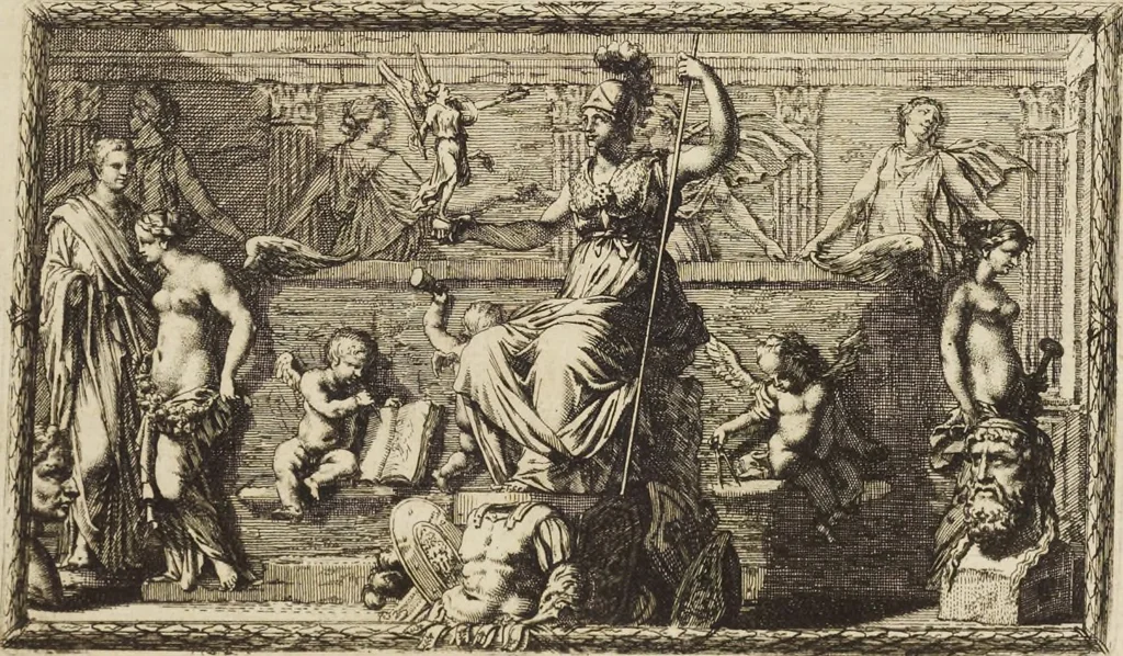 An illustration from Sculpturae veteris admiranda, sive, Delineatio vera perfectissimarum eminentissimarumque statuarum : unà cum artis hujus nobilissimae theoria ... : Carolo Ludovico, comiti Palat. Rheni ... consecrata à Joachimo de Sandrart in Stockau, 1680, leaf 10