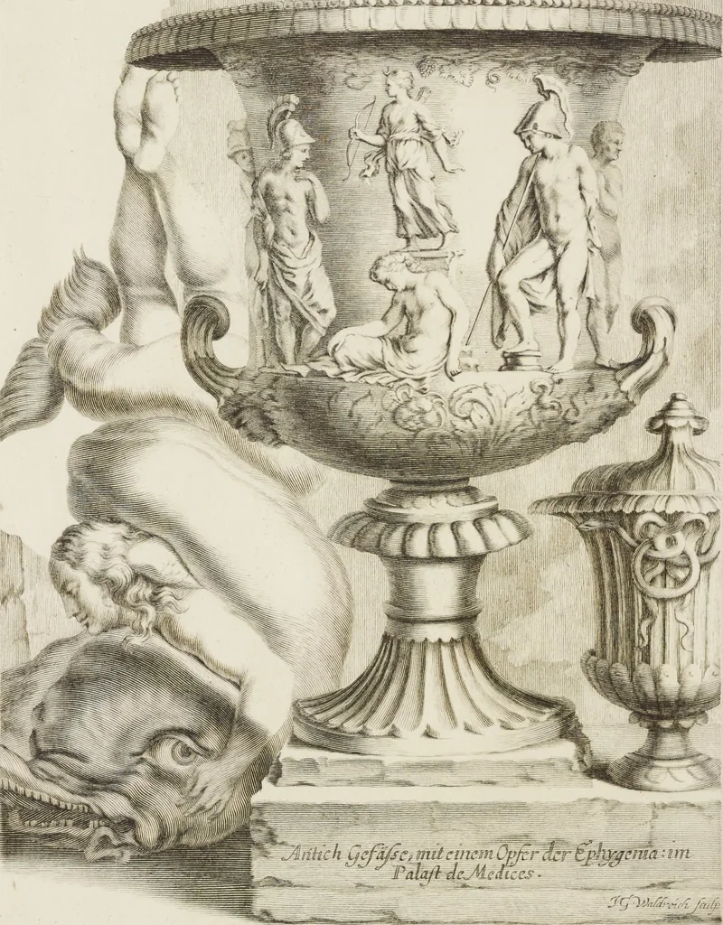 An illustration from Sculpturae veteris admiranda, sive, Delineatio vera perfectissimarum eminentissimarumque statuarum : unà cum artis hujus nobilissimae theoria ... : Carolo Ludovico, comiti Palat. Rheni ... consecrata à Joachimo de Sandrart in Stockau, 1680, leaf 121