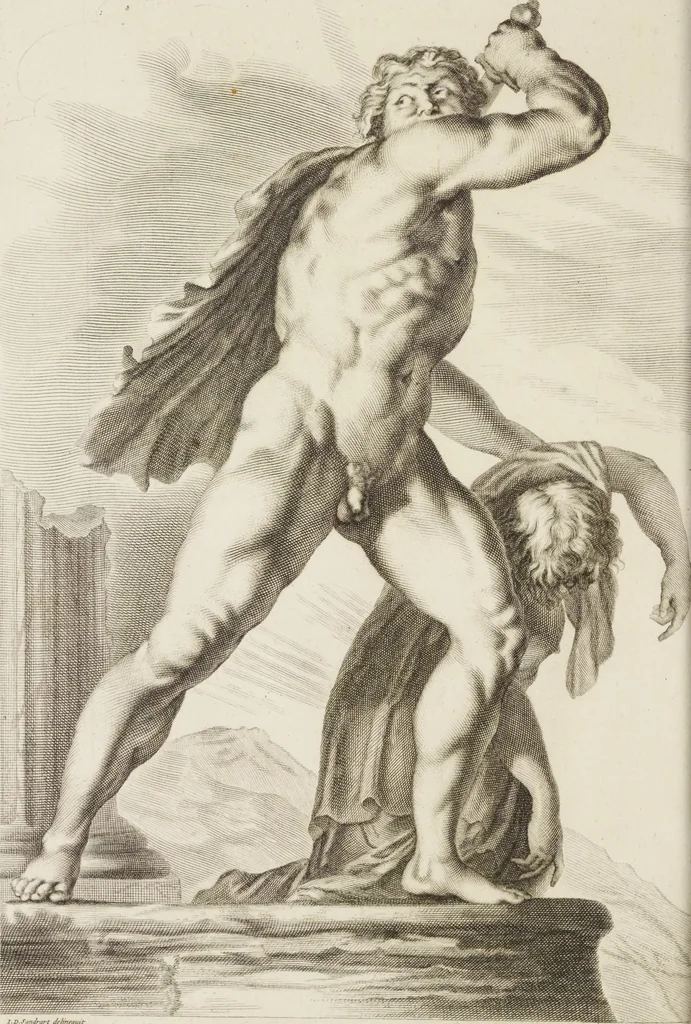 An illustration from Sculpturae veteris admiranda, sive, Delineatio vera perfectissimarum eminentissimarumque statuarum : unà cum artis hujus nobilissimae theoria ... : Carolo Ludovico, comiti Palat. Rheni ... consecrata à Joachimo de Sandrart in Stockau, 1680, leaf 129