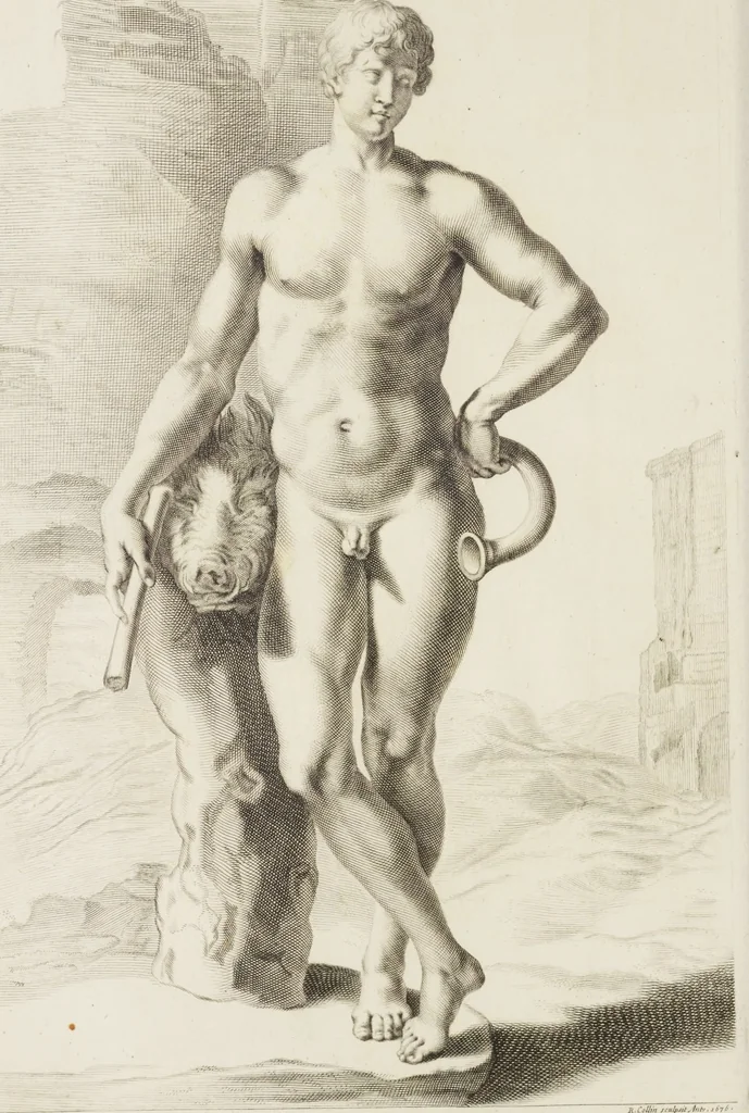 An illustration from Sculpturae veteris admiranda, sive, Delineatio vera perfectissimarum eminentissimarumque statuarum : unà cum artis hujus nobilissimae theoria ... : Carolo Ludovico, comiti Palat. Rheni ... consecrata à Joachimo de Sandrart in Stockau, 1680, leaf 141
